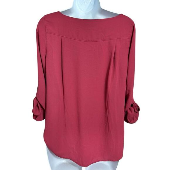 Ann Taylor LOFT Blouse Sz S Petite Rosy Pink Long Roll Tab Sleeves Career Office - Picture 6 of 7